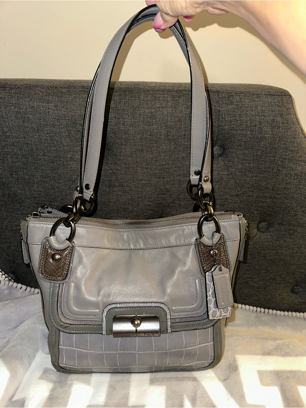 Gray  Coach Kristin Spectator Hobo Handbag Leather North South Zip E1193-18303